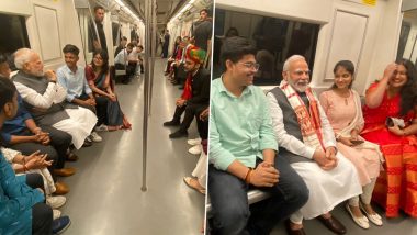 PM Modi Delhi Metro Ride Photos and Videos: Prime Minister Narendra Modi Interacts With Commuters While Travelling in Metro Train to Attend DU Centenary Celebrations