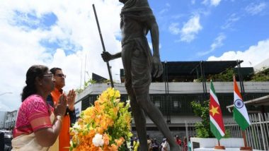 World News | President Droupadi Murmu Pays Floral Tribute to Mahatma Gandhi's Statue in Suriname