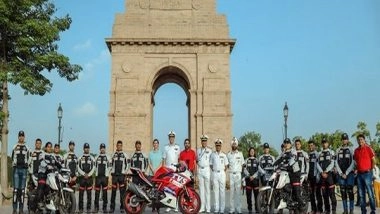 Business News | Indian Navy Partners with TVS Motor Company as Part of Its 'Azadi Ka Amrit Mahotsav' Celebrations; Rides Atop TVS Apache Motorcycles Across Pristine Ladakh