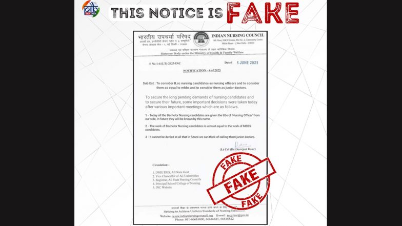 Indian Nursing Council Says BSc Nursing Candidates Are Equal to MBBS and Junior Doctors? PIB Fact Check Debunks Fake News Going Viral on Social Media