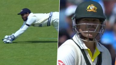 David Warner Wicket Video: Watch KS Bharat's Brilliant Catch Off Shardul Thakur's Bowling to Dismiss Australian Opener During IND vs AUS WTC 2023 Final Day 1