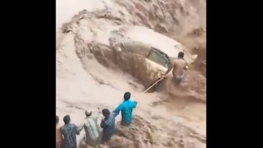 Haryana Flash Flood: Car Washes Away in River in Panchkula, Woman Rescued by Locals; Heart-Wrenching Video Goes Viral