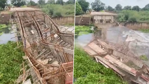 Chhattisgarh Bridge Collapse Video: Portion of Under-Construction Bridge Collapses Due to Heavy Rain in Durg District