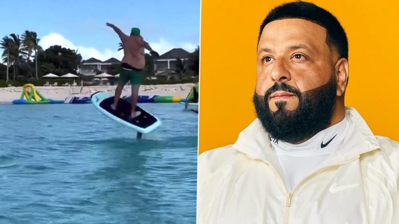 DJ Khaled's Surfing Mishap! Shirtless Rapper Slips Off His Surfboard While Hitting the Waves in New Viral Video - WATCH