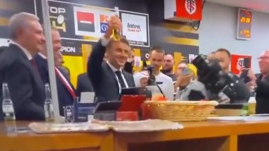 Emmanuel Macron Chugging Beer Videos: French President Downs Bottle of Beer in 17 Seconds in Rugby Dressing Room After Toulouse Wins Rugby Championship; Sparks Row