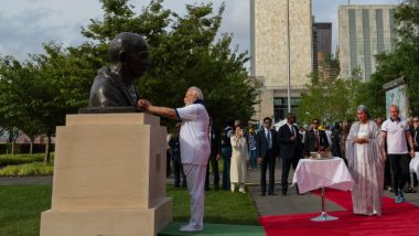 PM Narendra Modi Pays Tribute to Mahatma Gandhi’s Bust Ahead of Yoga Day Celebration at UNHQ