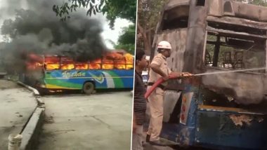 Jharkhand Bus Fire Video: Massive Blaze Erupts in Three Buses at Khadgarha Bus Stop in Ranchi