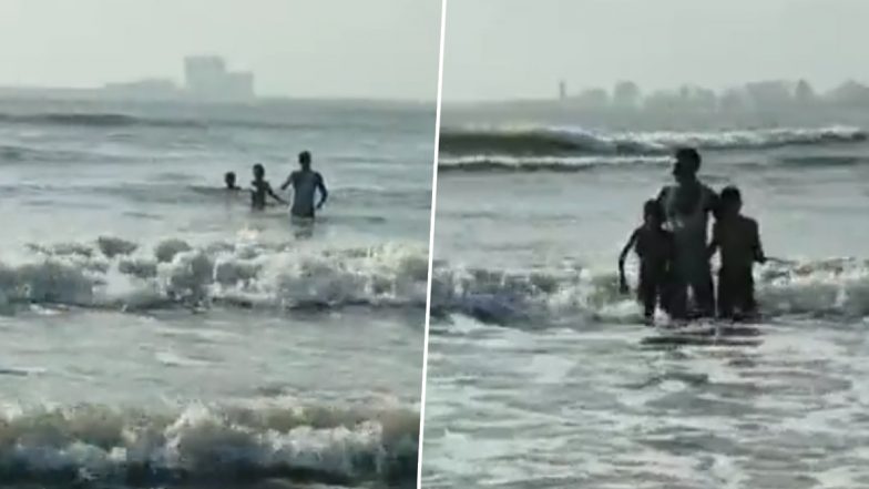 Kids Saved From Drowning at Juhu Beach Video: Mumbai Police Constable Vishnu Bhaurao Bele Safely Rescues Two Children From Getting Drowned at Sea in Juhu Koliwada