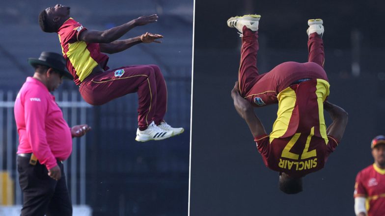 West Indies Bowler Kevin Sinclair Performs Somersaults to Celebrate His Wickets During UAE vs WI 3rd ODI 2023, Video of his Backflips Goes Viral