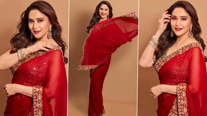 Madhuri Dixit Is Timeless Beauty in Classic Red Saree; Check Out Her Stunning Pics!