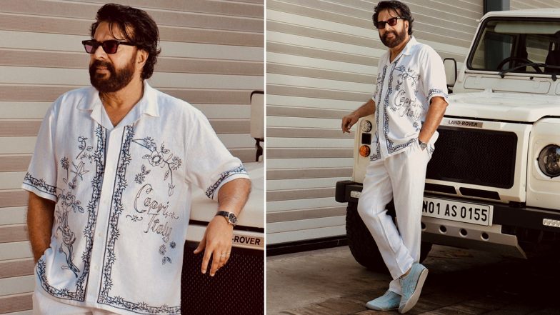 71-Year-Old Mammootty Looks Suave in White Printed Shirt and Pants! Megastar’s Pics Posing With ‘Predacious’ Land Rover Takes Internet by Storm