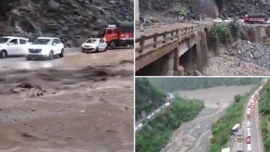 Flash Floods in Himachal Pradesh Video: Vehicular Movement Halted on Flooded NH 3 in Mandi Following Heavy Rains, Footage Surfaces