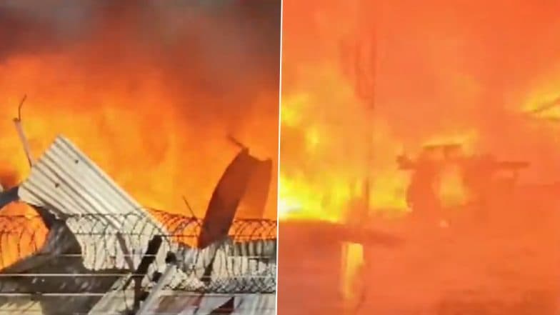 Mathura Fire Video: Massive Blaze Erupts in Backside Area of Prem Mandir in Vrindavan, Fire Tenders Present at Spot