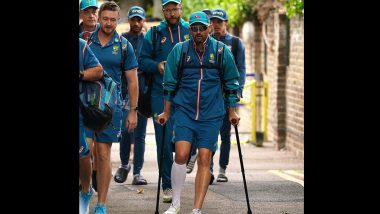 Nathan Lyon On Crutches: Australian Spinner's Further Participation In Ashes 2023 2nd Test Doubtful As He Arrives to the Lord's Cricket Ground With Support (Watch Video)