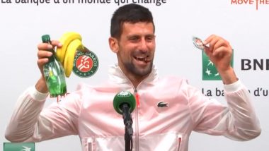 Novak Djokovic Can't Stop Laughing As Serbian Journalists Give Him Bananas, Water, Dates and Magnet Ahead of French Open 2023 Fourth Round (Watch Video)