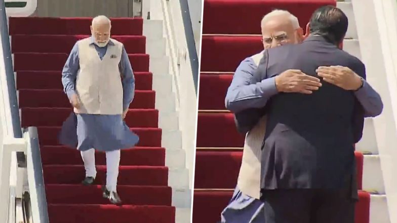 PM Modi Lands in Cairo Video: Prime Minister Narendra Modi Arrives for First State Visit to Egypt, Inspects Guard of Honour