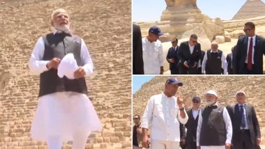 PM Modi Visits Pyramids in Egypt Video: Prime Minister Narendra Modi Takes Tour of the Great Pyramid of Giza in Cairo