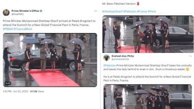 'Unchivalrous' Pakistan PM Shehbaz Sharif Reminds Netizens of Mr Bean After He 'Snatches' Umbrella From Woman Officer, Leaving Her Drenched in Rains! (Watch Viral Video)