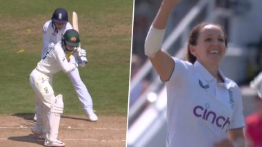 'Cleaned Up' Kate Cross Dismisses Phoebe Litchfield With A Big Inswinger During ENG-W vs AUS-W Women's Ashes 2023 One-Off Test Match (Watch Video)