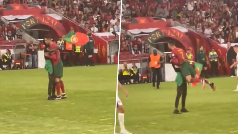 Pitch Invader Hugs Cristiano Ronaldo, Lifts Him and Performs 'SIUUU' Celebration During Portugal vs Bosnia and Herzegovina UEFA Euro 2024 Qualifiers (See Pics and Video)