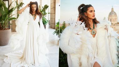 Priyanka Chopra Exudes Glam in a White Gown With Plunging Neckline and Thigh-High Slit for an Event in Rome (View Pics)