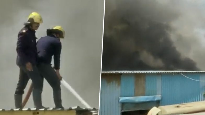 Pune Fire Video: Massive Blaze Erupts in a Godown in Gangadham Area, Firefighting Operation Underway