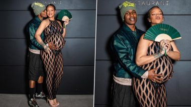 Rihanna Poses in a Sexy Sheer Fishnet Dress Over a Tiny String Bikini As Beau A$AP Rocky Cradles Her Baby Bump (View Pics)