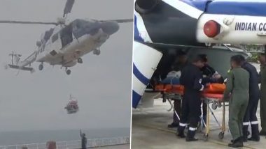 Indian Coast Guard Save Romanian National Video: ALH Dhruv Helicopter Rescues Crew Member of Merchant Vessel Who Suffered Heart Attack off Porbandar Coast
