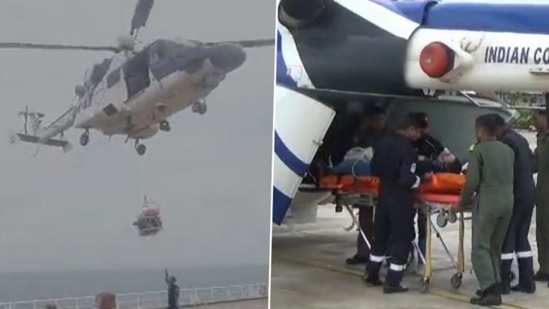 Indian Coast Guard Save Romanian National Video: ALH Dhruv Helicopter Rescues Crew Member of Merchant Vessel Who Suffered Heart Attack off Porbandar Coast