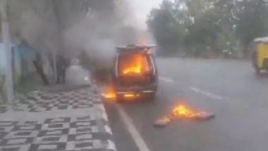 Madhya Pradesh School Van Fire Video: Vehicle Carrying Students Catches Fire in Indore, BSF Jawans Rescue Kids and Driver