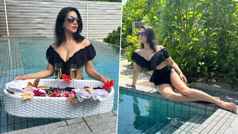 Sunny Leone in Maldives! Actress Flashes Her Cleavage in Black Monokini As She Enjoys Floating Meal Inside the Pool (View Pics)