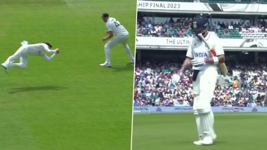 Virat Kohli Wicket Video: Watch Steve Smith Take Sensational Flying Catch to Dismiss Star Indian Batter On Day 5 of IND vs AUS WTC 2023 Final