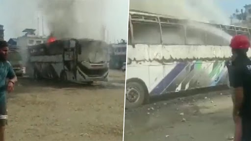 Bus Catches Fire in Assam Video: State Transport Bus Bursts Into Flames in Tinsukia, Short Circuit Suspected