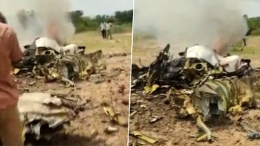 IAF Plane Crash in Karnataka Video: Kiran Trainer Aircraft Crashes in Chamarajanagar in Second Such Incident This Week, Pilots Safe