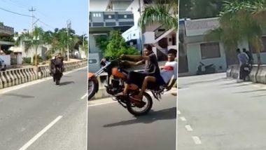 Karnataka Bike Crash Viral Video: Minors Ram Motorcycle Into Divider While Doing Dangerous Stunt in Vijayanagar, Booked