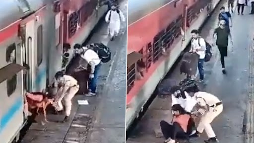 RPF Woman Constable Saves Passenger Who Slipped Trying to Board Moving Train at Bandra Terminus Station, Earns Praise for Swift Action (Watch Video)