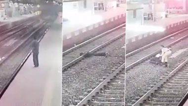 West Bengal: RPF Woman Constable K Sumathi Fearlessly Pulls Person off Railway Track Moments Before Speeding Train Arrives (Watch Video)