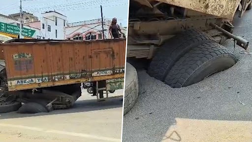 Road Collapse in Patna: Portion of Road Caves In, Rear Wheel of Container Truck Gets Stuck Large Hole (See Pics)