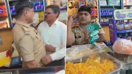 UP Police Officer Thrashes Shopkeeper Video: 'Drunk' Policeman Fights With Sweet Shop Owner When Asked to Make Payment in Kanpur, Suspended