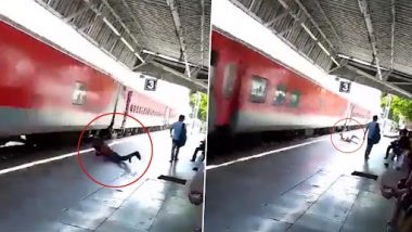 Man 'Falls' From Speeding Train in UP Video: Youth Miraculously Survives After Falling From Patliputra Express at Shahjahanpur Railway Station, Terrifying Footage Surfaces