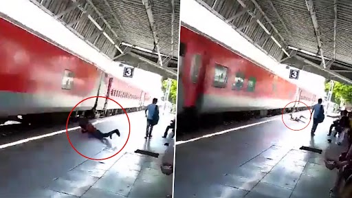 Man 'Falls' From Speeding Train in UP Video: Youth Miraculously Survives After Falling From Patliputra Express at Shahjahanpur Railway Station, Terrifying Footage Surfaces