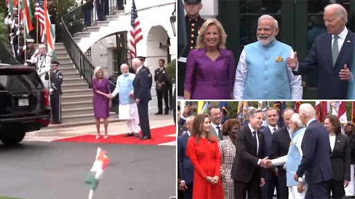 PM Modi Gets Rousing Welcome at White House Video: US President Joe Biden, First Lady Jill Biden Receive Prime Minister Narendra Modi at South Lawns