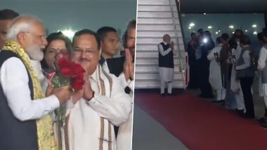 PM Modi Welcome in India Photo and Video: Prime Minister Narendra Modi Lands in Delhi After State Visit to US and Egypt; Received by JP Nadda and Other BJP Leaders