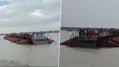 Bridge Washed Away in Bihar Video: Portion of Temporary Bridge Built Over Ganga River in Vaishali Washed Away Due to Strong Winds