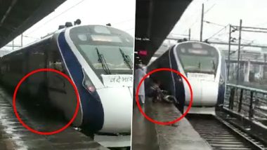 TC Falls While Boarding Train Video: Ticket Checker Gets Locked Out of Vande Bharat Express, Falls While Attempting to Get Back on in Ahmedabad