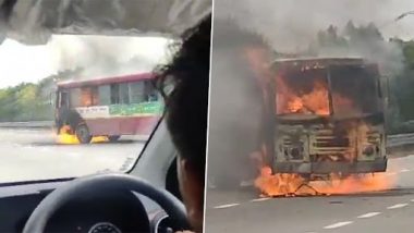 Noida Bus Fire Video: Close Shave for Passengers as UP Roadways Bus Engulfed in Flames on National Highway