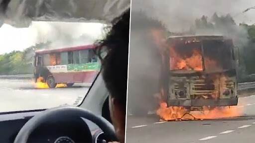 Noida Bus Fire Video: Close Shave for Passengers as UP Roadways Bus Engulfed in Flames on National Highway