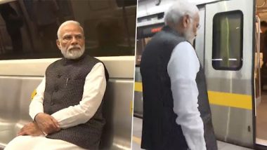 PM Modi in Delhi Metro Photos and Videos: Prime Minister Narendra Modi Travels in Metro Train to Attend Centenary Celebrations of Delhi University, Interacts With Commuters
