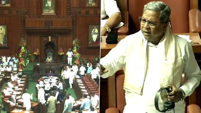 Karnataka Assembly Witnesses Ruckus as CM Siddaramaiah and BJP MLAs Engage in Heated Argument Over Implementation of Five Guarantees of Congress (Watch Video)