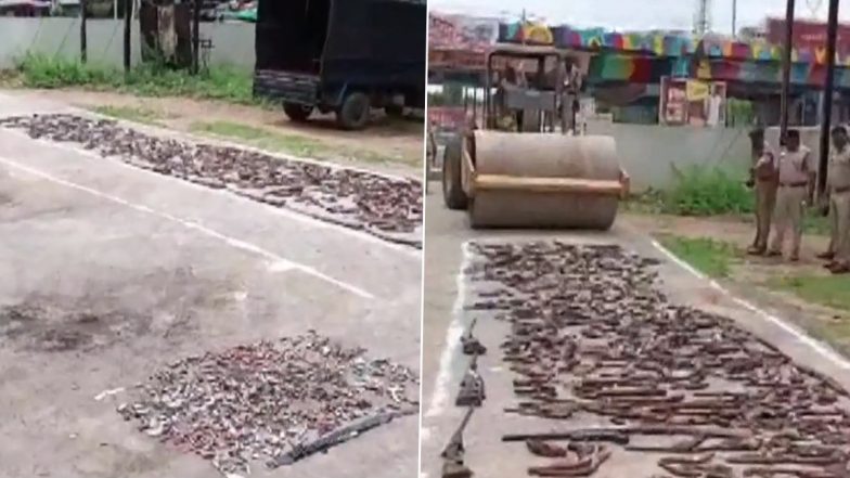 Madhya Pradesh: Huge Cache of Illegal Arms and Ammunition Destroyed by Cops at Police Control Room in Datia (Watch Video)